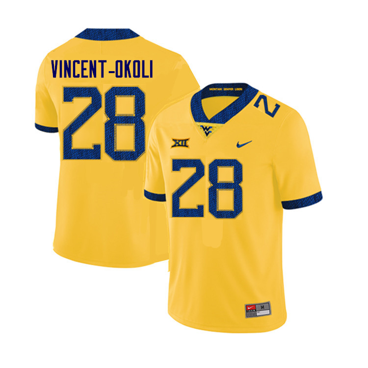 Men #28 David Vincent-Okoli West Virginia Mountaineers College Football Jerseys Sale-Yellow - Click Image to Close